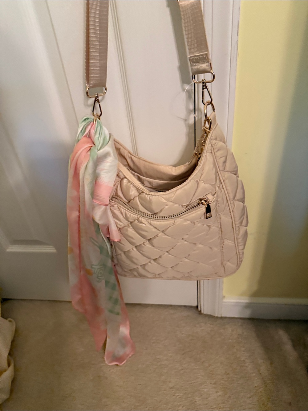 Urbane Quilted Shoulder Bag in Light Beige with Pastel Scarf